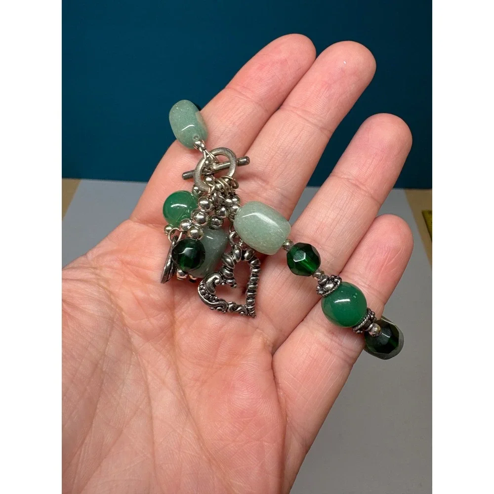 Green Aventurine Glass Bead Heart Charm Toggle Bracelet Silver Tone Boho